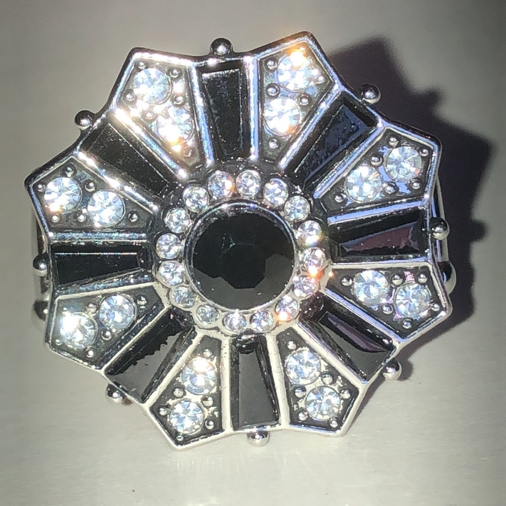 Black and Silver Tone Rhinestone Floral Statement Ring